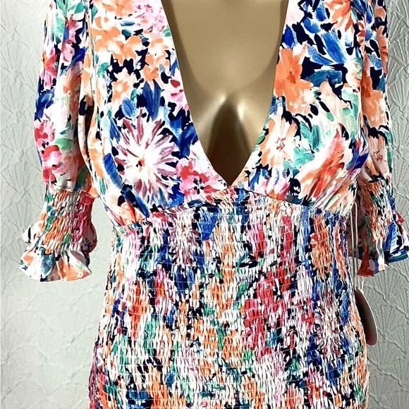 NWT Large Luxxel Multicolor Floral Midi Dress smocked body ruffle - Picture 6 of 16